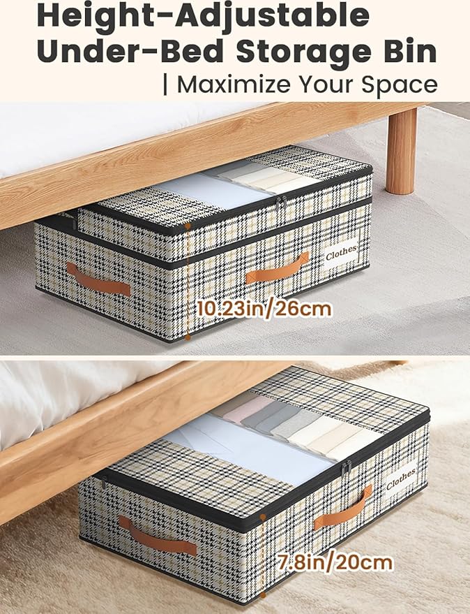 2-Pack Under Bed Storage with Wheels and 6 Vacuum Seal Bags, Adjustable Height 7.9"-10.2",Heavy Duty Capacity, Clear Lid Orga