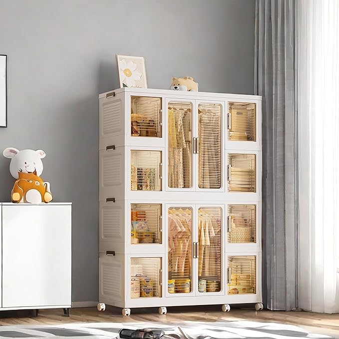 Montary Portable Kids Closet, Children's Wardrobe Closet with Transparent Doors, Plastic Baby Wardrobe Storage Cabinet with 1