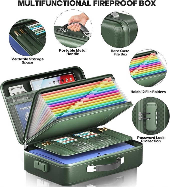 Fireproof Document Box, Hard Case Highly Flame-Resistant Fire Proof Waterproof File Organizer with Lock, Portable Fire Safe f