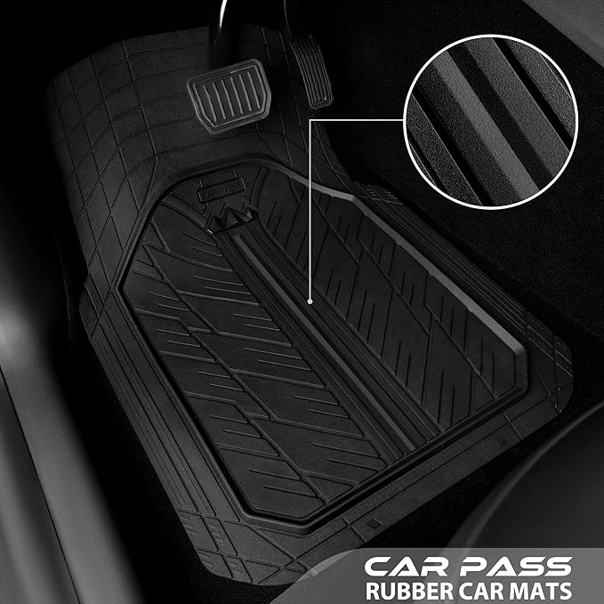 CAR PASS Floor Mats for Cars M-L Size, Heavy Duty Rubber Floor Mats with Trunk Cargo Liner, Universal Trim-to Fit Automotive Floor mats for Truck Van SUV Waterproof All Weather Car Mats Solid Black