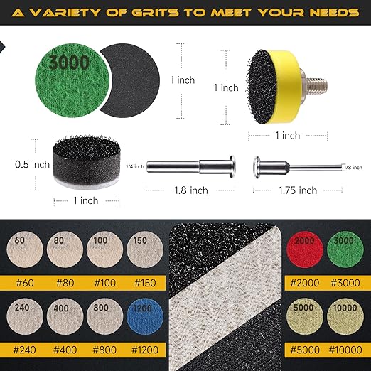 185 PCS 1 Inch Sanding Disc, GOH DODD Hook and Loop 60 to 10000 Grit Wet Dry Sandpaper Sand Paper with 1/8" 1/4" Shank, Backi