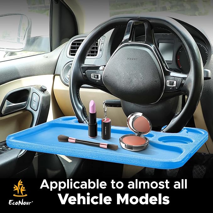 EcoNour 2 in 1 Car Steering Wheel Desk | Steering Wheel Tray for Laptop Car Mount with Pen Holder | Car Food Tray for Eating with Drinks Holder | Multipurpose Travel Car Accessories | Blue