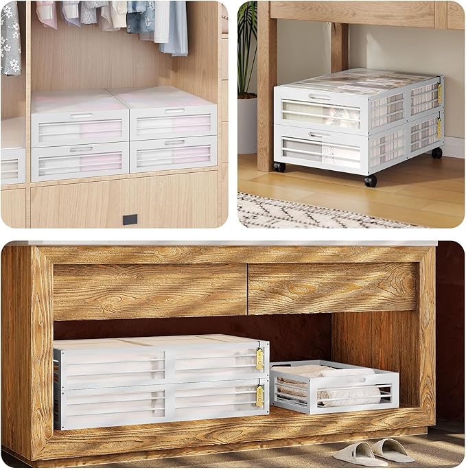 Bamboo Underbed Storage Containers with Wheels & Bag 2 Pack, Large Under Bed Rolling Storage Bins Wood Under Bed Clothes Stor