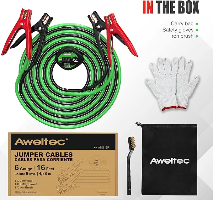 Heavy Duty Jumper Cables,All Copper 6 Gauge 16 Feet Battery Booster Cable,Automotive Wire for Cars Trucks with Smart Safety Protector,Carry Bag,Safety Gloves and Iron Brush