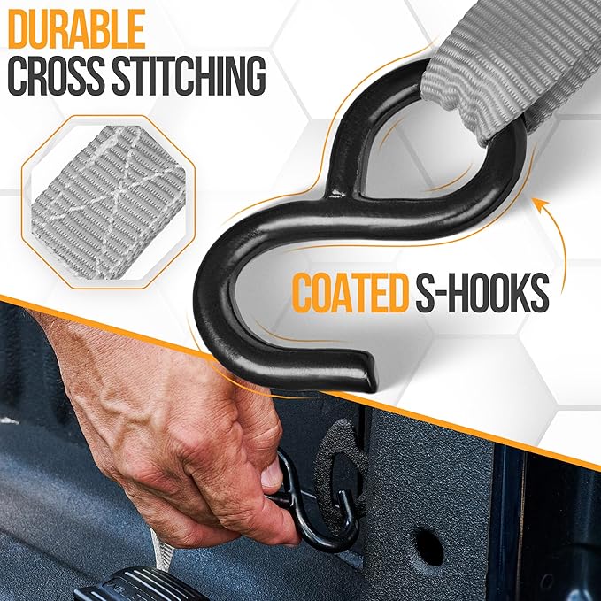 FORTEM Ratchet Straps, Tie Down Strap Set 1650lb Break Strength, 4 Pack 15ft x 1in, 4 Soft Loops, Moving Straps Tie Downs, Cargo Cam Buckles for Trucks, Carry Bag, for Men