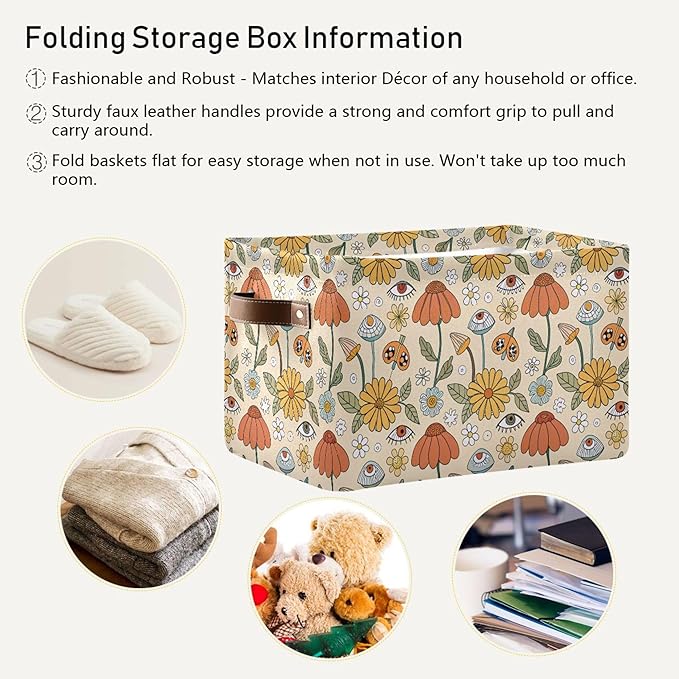 xigua Mushroom Eyes Storage Basket Collapsible Storage Bins Waterproof Canvas Storage Basket with Leather Handles for Home Cl