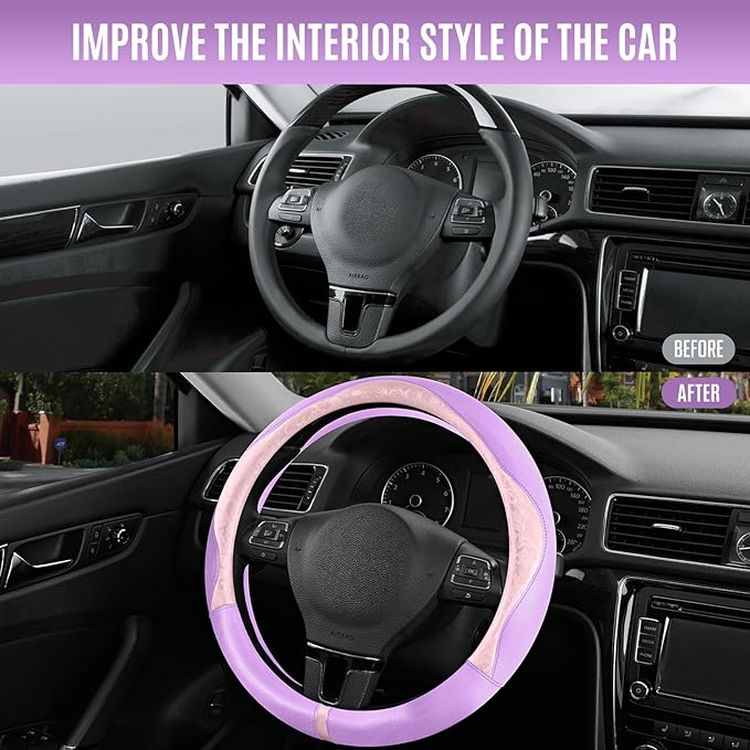 PIC AUTO Steering Wheel Cover, Pink Patterned & Light Purple Leather Patchwork Design, Universal Fit 14.5"–15.5", Anti-Slip, 
