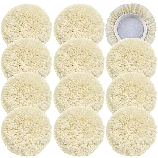 12 PCS Wool Buffing Polishing Pads 3 Inch, Natural Wool Cutting Pads with Hook and Loop Backing Compound & Polishing for Automotive Car Boats Glass Furniture Repair