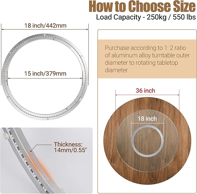18 Inch Lazy Susan Heavy-Duty Aluminium Alloy Rotating Bearing Lazy Susan Hardware- Mute Bearing Turntable Ring Hardware for 