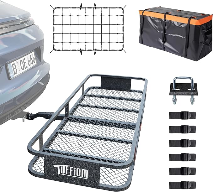 TUFFIOM 60"x20"x6" Folding Hitch Mount Cargo Carrier Basket, 500lbs Steel Car Cargo Trailer Hitch Luggage Rack with Net, Waterproof Cargo Bag, Straps & Stabilizer for SUV Car Truck Van