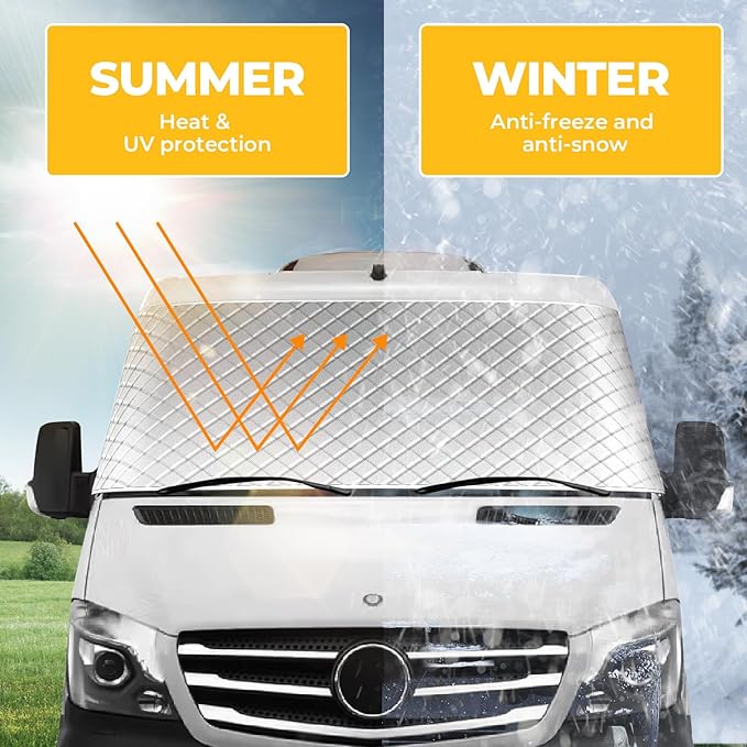 BougeRV RV Windshield Window Snow Cover for Class B Dodge Mercedes Sprinter (2006-2015) for Front Window Sunshade Accessories with Mirror Cutouts, Silver