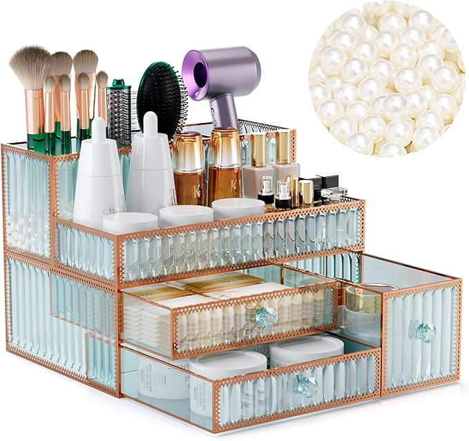 Makeup Organizer Countertop - Tempered Glass Vanity Organizer for Cosmetics, Skincare, Hair Tools, Brushes, Perfume - Multipu