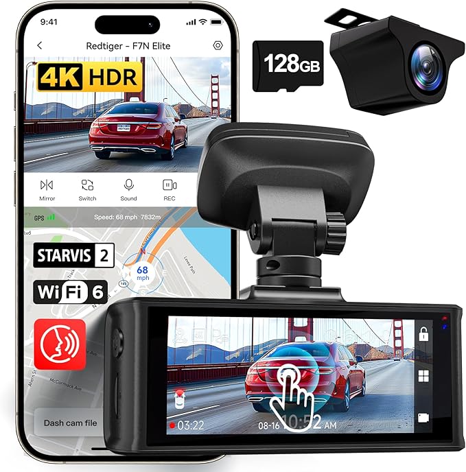 REDTIGER 4K HDR Dash Cam Front and Rear, STARVIS 2 Sensor, 5.8GHz WiFi APP, 3.18" Touchscreen, Voice Control, 128G Card Inclu