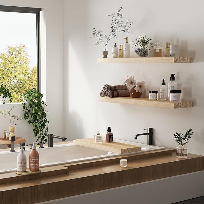 Vivelove Natural Wood Floating Shelves 36”，8 inch Deep Floating Shelf with Invisible Brackets, Unfinished Wall Shelves for Li