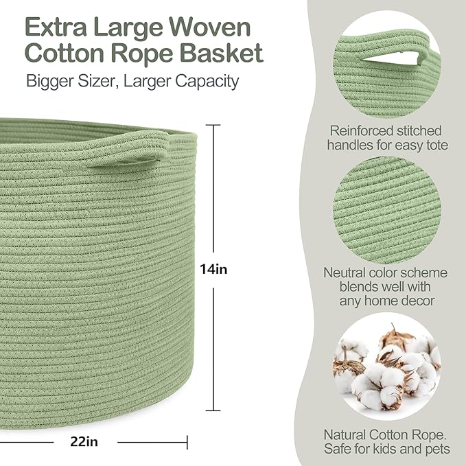 MEGASKET Extra Large Green Basket, 22" X 22" X 14" Woven Cotton Rope Baskets for Blankets, Nursery Laundry Basket, Cute Kids 