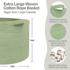 MEGASKET Extra Large Green Basket, 22" X 22" X 14" Woven Cotton Rope Baskets for Blankets, Nursery Laundry Basket, Cute Kids 