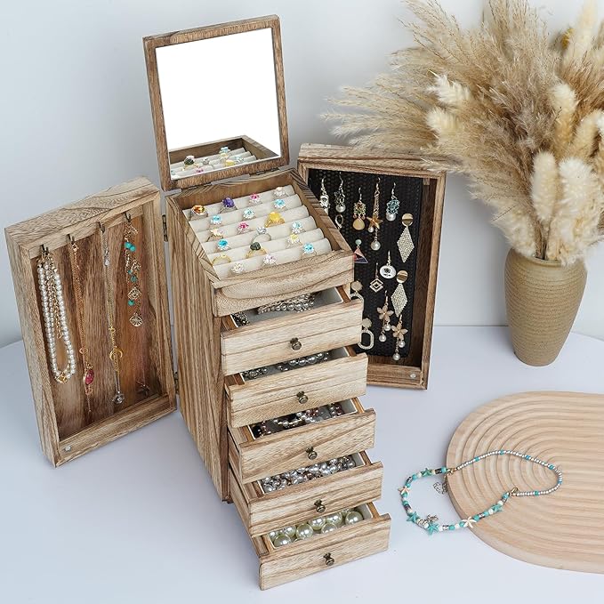 Meangood Jewelry Box Wood for Women, 6-Layer Large Organizer Box with Mirror & 5 Drawers for Rings, Earrings, Necklaces, Vint