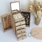 Meangood Jewelry Box Wood for Women, 6-Layer Large Organizer Box with Mirror & 5 Drawers for Rings, Earrings, Necklaces, Vint
