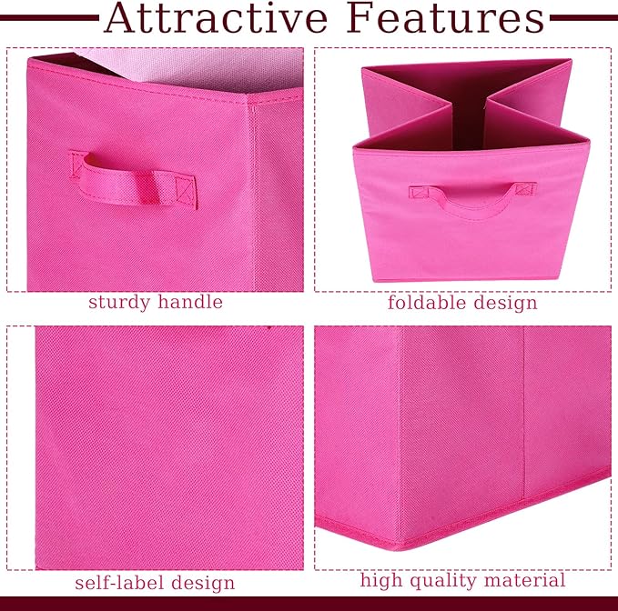 Karenhi 11" x 10. 5" x 10. 5" Pink Storage Cube, 6 Pack Fabric Cube Storage Bins Organizer Box, Collapsible Baskets with Hand