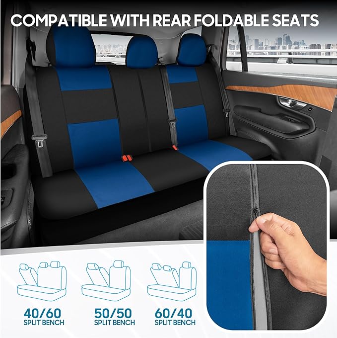 BDK PolyPro Car Seat Covers Full Set in Blue on Black – Front and Rear Split Bench Seat Covers for Cars, Easy to Install Car 