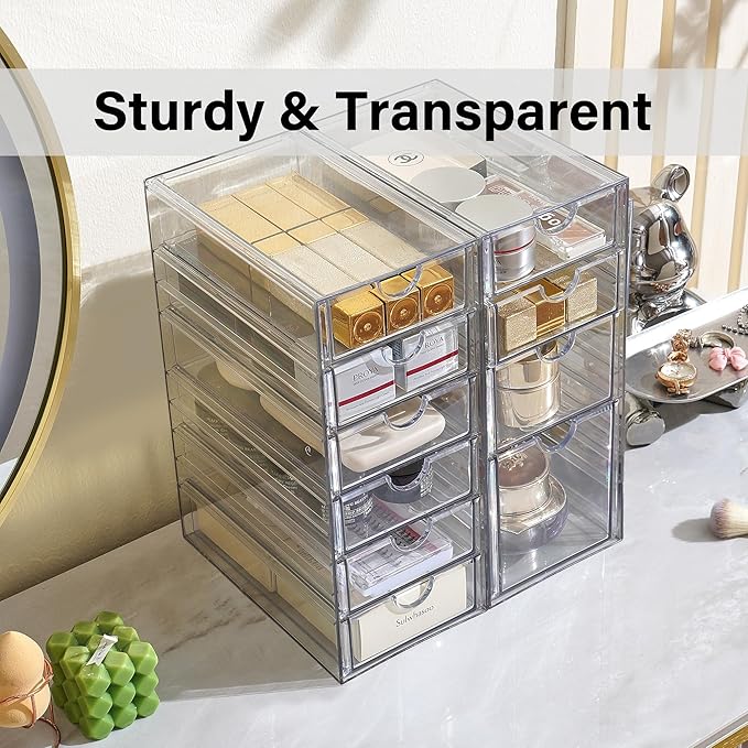 Prsildan Acrylic Drawer Makeup Organizer with 10 Drawers, Set of 2 Office Desk Organizers Accessories, Clear Stackable Storag