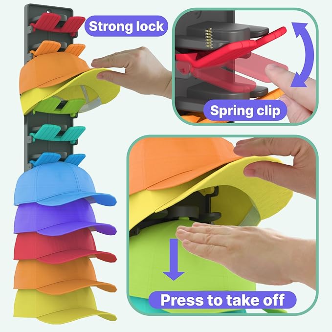 Hat Organizer for Baseball Caps 2 Packs with Built-in Spring Clips - Wall Mount Closet Hat Rack Holder, Adjustable Storage fo