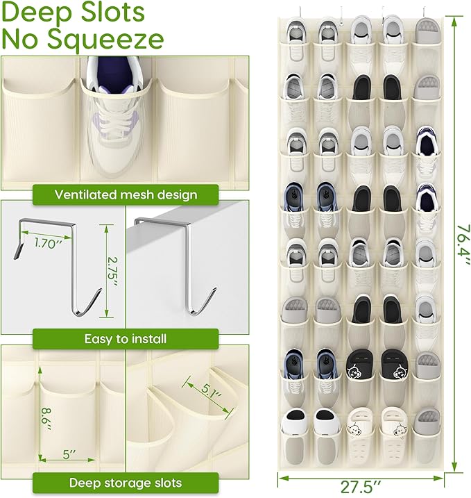 Unjumbly Over the Door Shoe Organizer with 40 Large Breathable Mesh Pockets, Space Saving Shoe Holder, Hanging Shoe Rack for 