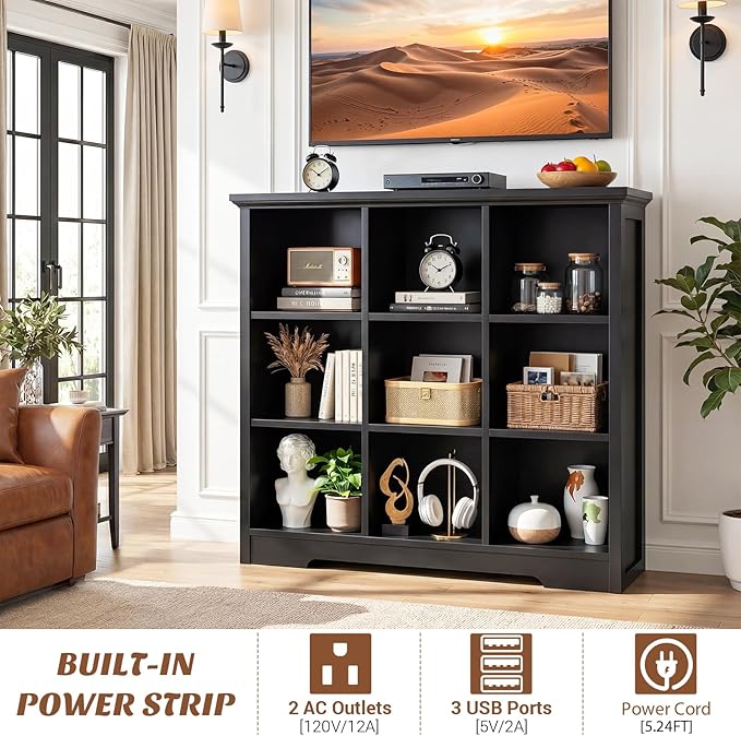 Aheaplus Wooden 9-Cube Storage Organizer with Charging Ports, Modern Cube Bookcase with Base, 4-Tier Floor Standing Open Cubb