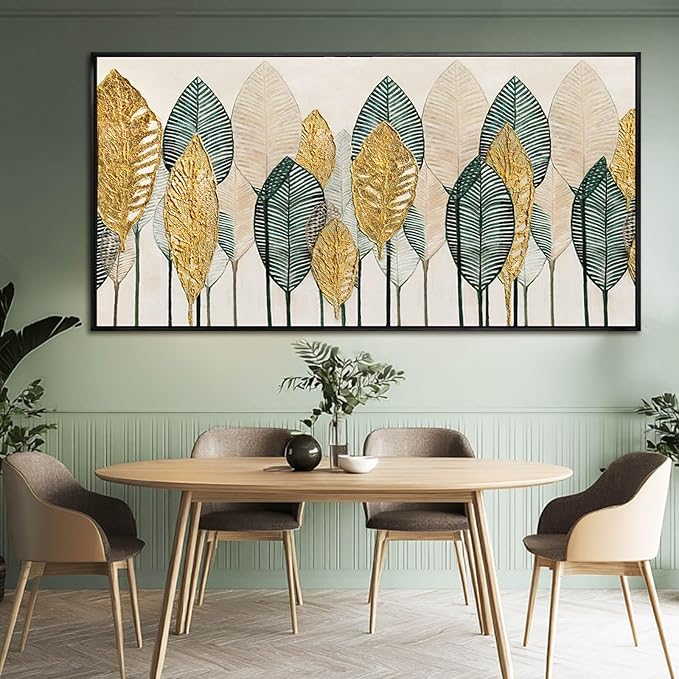 Contemporary Framed Wall Art Green and Gold Wall Decor Leaves Wall Prints Line Wall Posters 29"x58" Living Room Decorations K