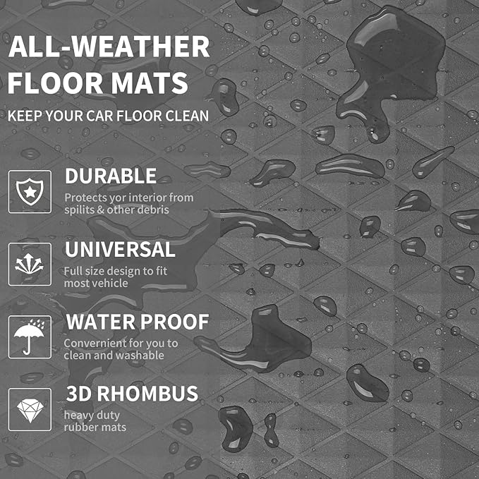 CAR PASS Gray Rubber Car Floor Mats & Cargo Liners, Durable Anti-Slip 3D Rhombus Waterproof Automotive Pad Trim Fit Liner All-Weather Trunk Mats Full Set Universal Fit Auto Van Sedan SUV Truck Gray