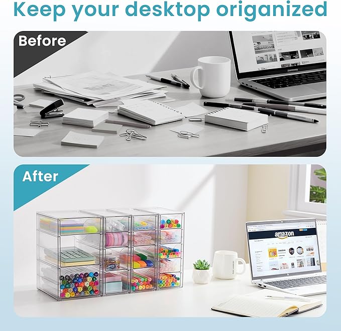 Vtopmart 4 Set Clear Desk Organizer, Pen Organizer with 16 Drawers, Acrylic Desktop Organization and Storage for Office Suppl