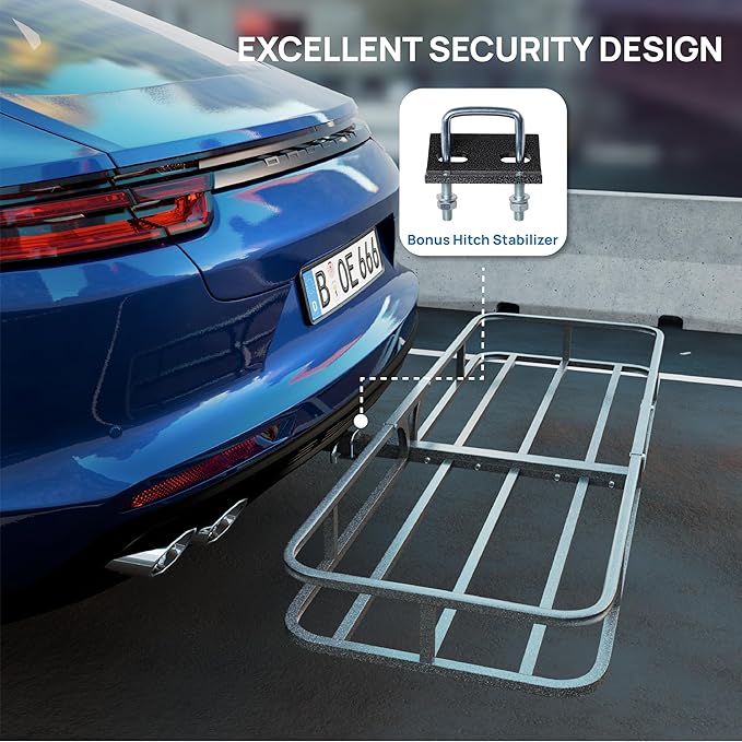 TUFFIOM 54"x19"x5.5" Hitch Mount Cargo Carrier Basket, 500lbs Steel Car Cargo Trailer Hitch Luggage Rack with Straps & Stabilizer for SUV Car Truck Van with 2" Hitch Receiver
