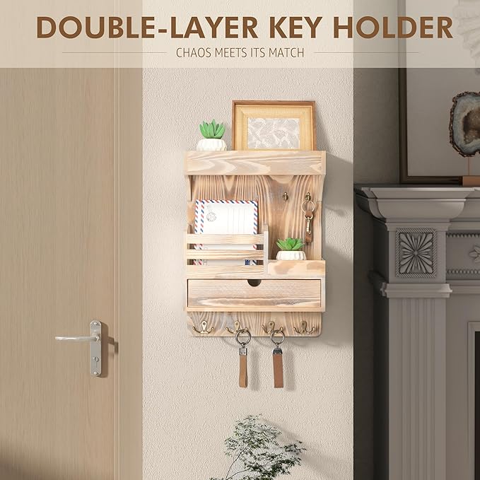 Rebee Vision Farmhouse Key Holder Wall Mount with Drawer Organizer – Wooden Mail & Key Organizer with 6 Strong Hooks & Wall S
