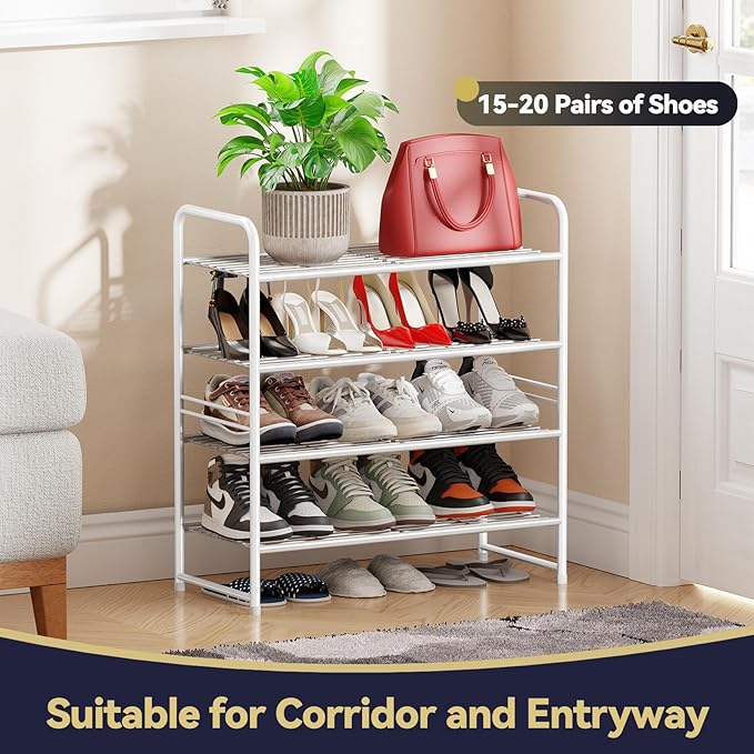 Shoe Rack Metal, Closet Shoe Organizer 4 Tier, Stackable & Adjustable, White