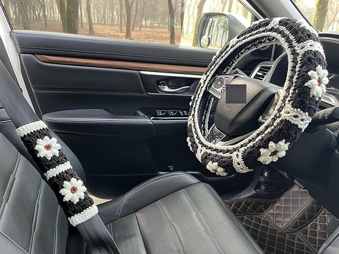 Daisy Crochet Steering Wheel Cover,Cute Seat Belt Cover,Women car Accessories (Black Wheel Cover+2 Belt Cover)