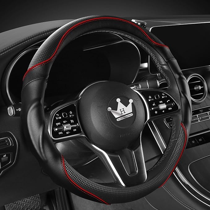 HighnessHwoo 3D Car Steering Wheel Cover Comfort Grip Massage Sporty Anti-Slip Carbon Fiber Faux Leather for F150, Trucks, Je