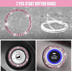 CAR PASS 24 PCS Pink Bling Diamond Accessories Set for Women, Leather Seat Covers, 15'' Steering Wheel Cover, Shining Rhinestone Sparkly Hooks, Coasters, Cute Interior Decorations