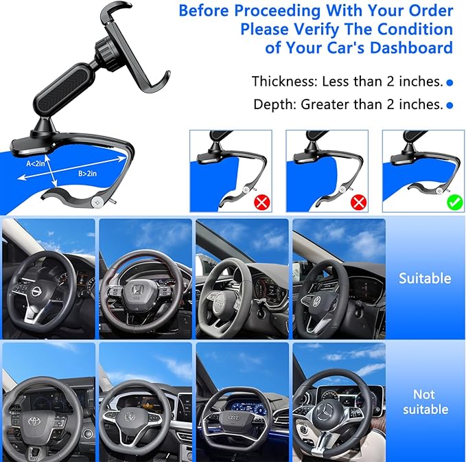 Car Dashboard Phone Clip Holder, 360° Rotating Dash Steering Wheel Cell Phone Clamp Mount Stand Compatible with 4-7 Inch Smartphones (Black)