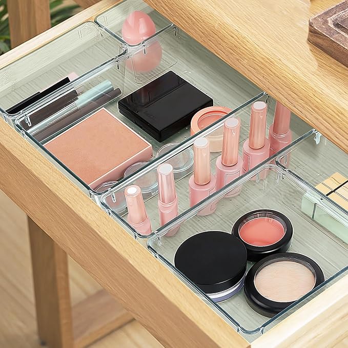 StorMiracle 16 PCS Drawer Organizer Set, 5 Varied Size Bathroom and kitchen Drawer cabinet organizer Trays, Clear Storage Bin