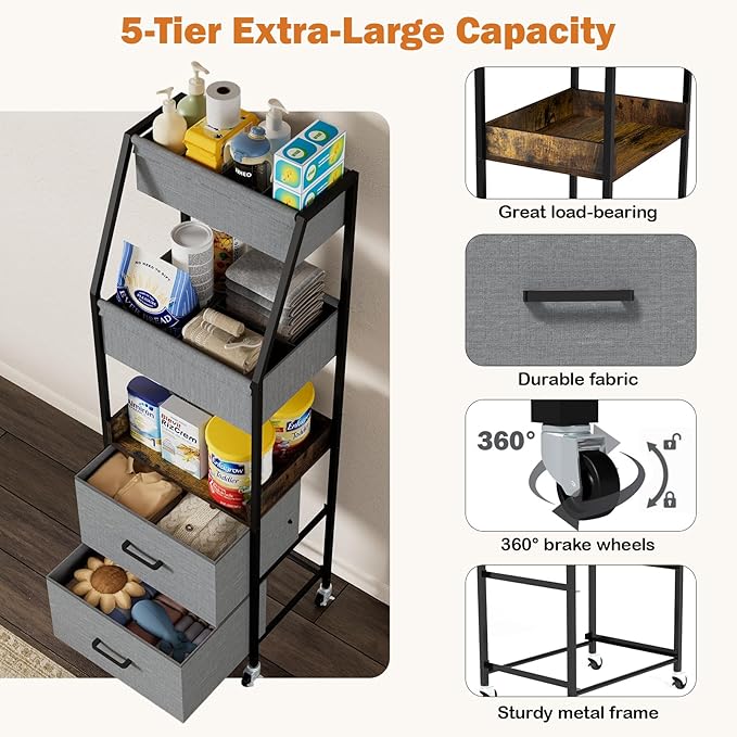 Baby Diaper Caddy Organizer and Storage - 5 Tier Rolling Cart with Dividers and Drawers, Mobile Utility Cart with Wheels for 