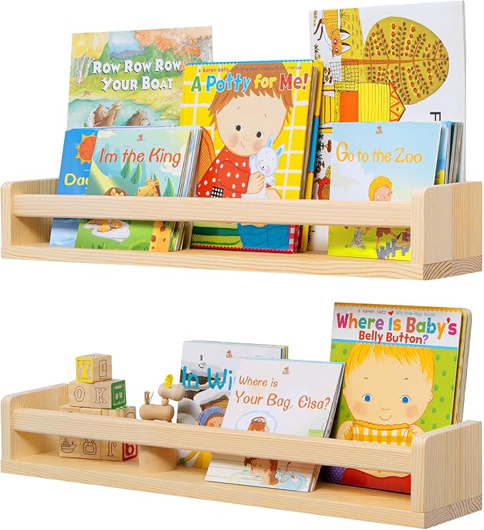 Fun Memories Nursery Book Shelves, 24Inch Floating Shelf for Wall, Wall Bookshelf for Kids Solid Wood Wall Mounted Shelves fo