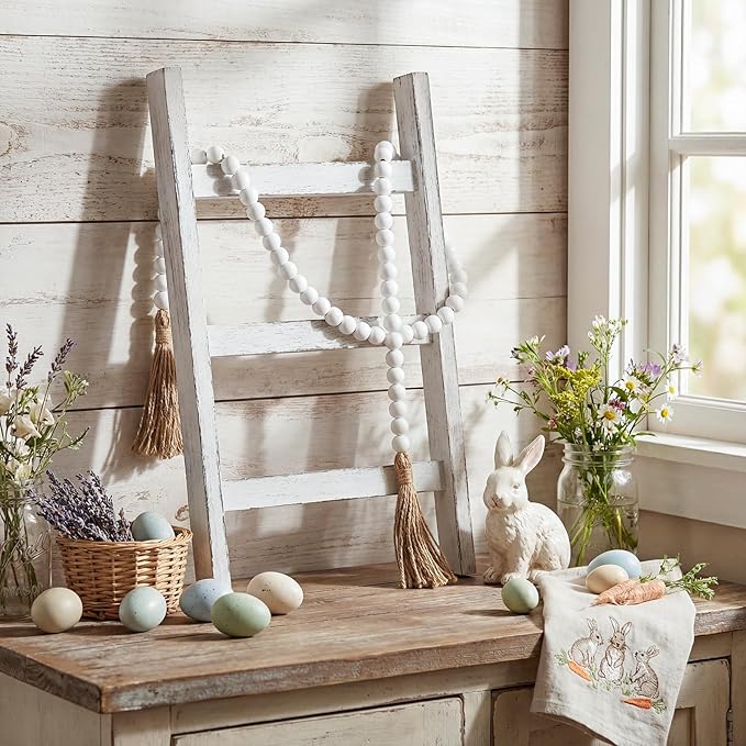 AceOrbit 2 Pcs 14'' Tea Towel Ladder with 3.3 ft Vintage Wood Bead Garland Small Decorative Ladder Hand Towel Stand Mini Blan