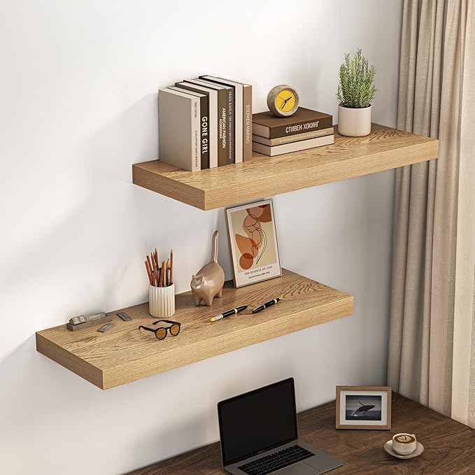 Dreamland 36" Floating Shelves for Wall, 12" Deep Thicker Oak Floating Shelves, Wall-Mounted Shelves for Bedroom, Living Room