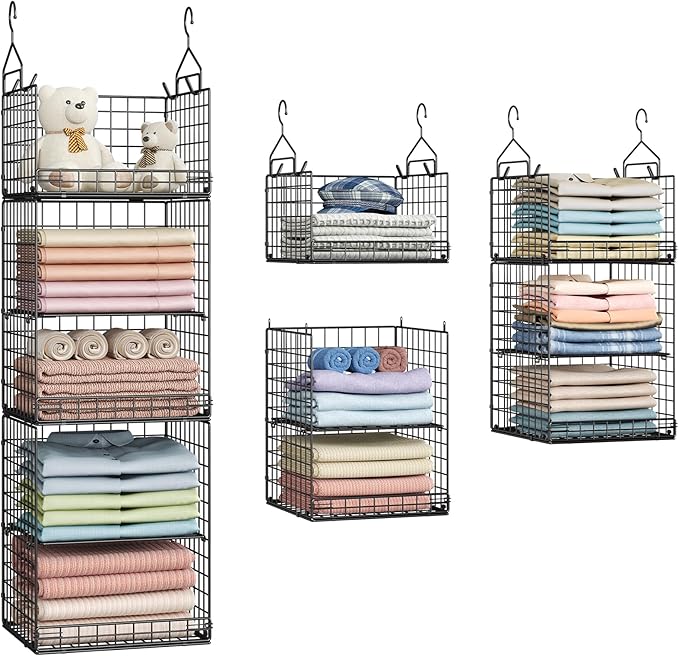 Yuyetuyo 5 Tier Closet Hanging Organizer and Storage Separable Hanging Closet Shelves with 4 Hooks 2 Adjustable Dividers, Wir