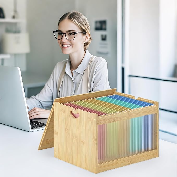 Hanging File Box Organizer for Letter Size 2 Pack, Bamboo Acrylic File Folder Storage with Lid Clear Wooden Moving Boxes Wood