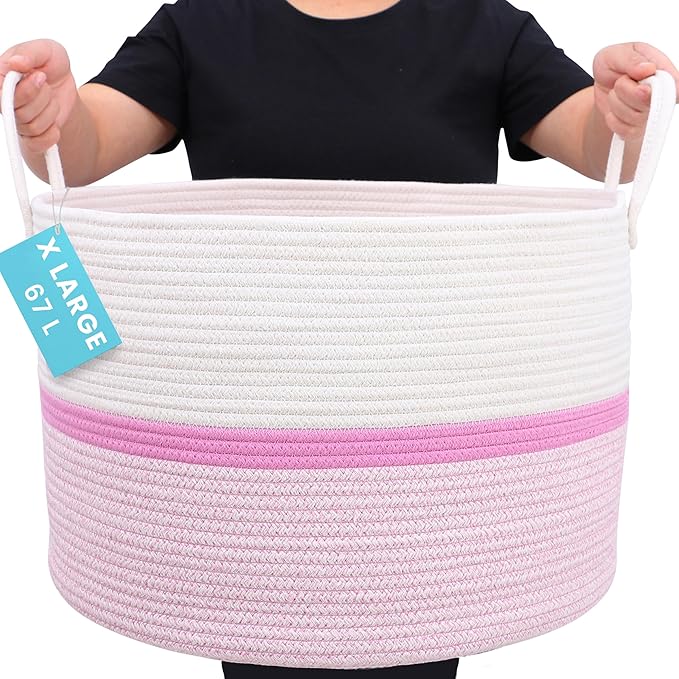 OrganiHaus Large Woven Storage Basket for Blankets and Toys 20" x 13" Inch, Rope Laundry Basket with Handles, Cushions & Pill