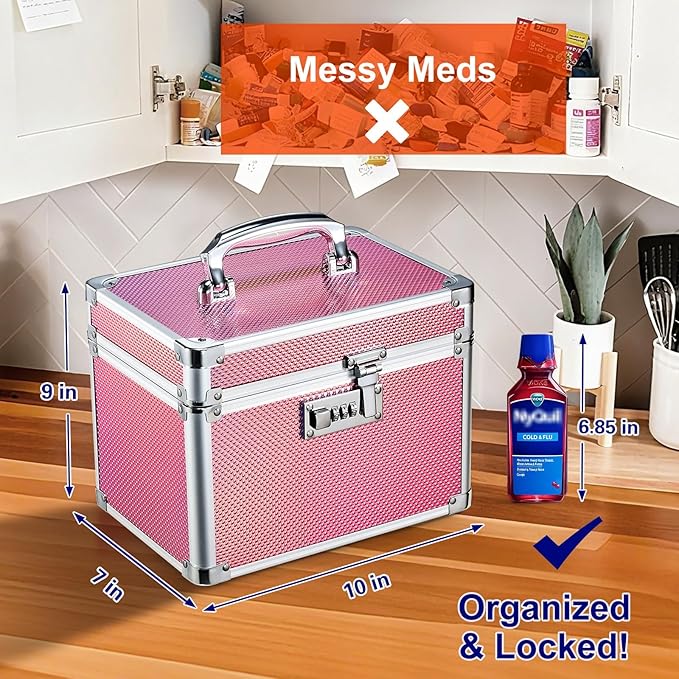 Adazzo Medicine Lock Box with 3-Digit Combination Lock – Pink Lockable Storage Box for Medication, Small Lock Box for Valuabl