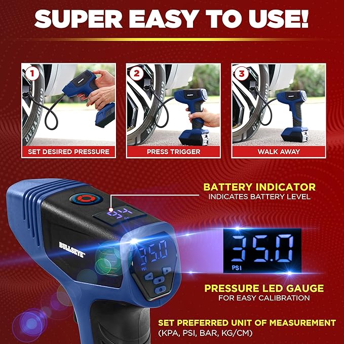 Bullseye Pro Tire Inflator Portable Air Compressor, Car Tire Inflator Portable, Portable Air Pump for Car Tires - 150PSI, 12V DC 1500 mAhs with Tire Pressure Gauge, Rechargeable As Seen On TV(Blue)