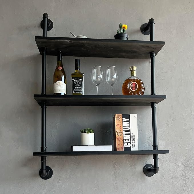 Industrial Pipe Shelf Shelving Bookcase, Wall Mounted Rustic Bookshelf, Floating Bookshelves for Wall,Retro Wood Metal Pipe I