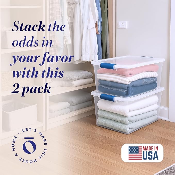HOMZ 2-Pack Latching Lid, Large Clear Plastic Storage Bins with Lids, 66 Quart, Blue Latch - Stackable Container Boxes for Ho